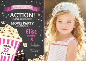 Birthday Invitation Movie Popcorn Pink - With Photo design preview