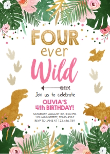 Birthday Invitation Dinosaur Gold Fourever Wild Girl design preview