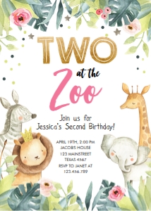 Birthday Invitation Two in the Zoo Girl Vertical design preview