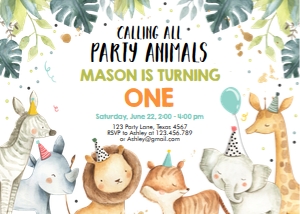 Birthday Invitation Safari Party Animals Leaves Boy design preview