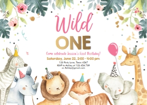 Birthday Invitation Safari Wild One Girl Horizontal design preview