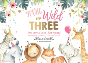 Birthday Invitation Safari Young Wild Three Girl design preview