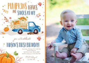 Birthday Invitation Pumpkin Truck Blue - With Photo design preview