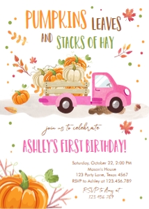 Birthday invitation Pumpkin Truck Pink design preview