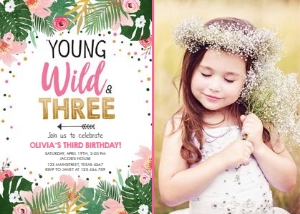 Birthday Invitation Young Wild and Three Safari Pink Girl Photo design preview
