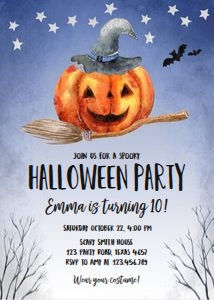 Birthday Invitation Halloween Pumpkin Witch Broom Blue design preview