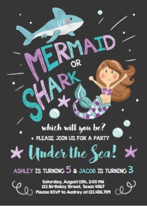 Birthday Invitation Mermaid or Shark Brown design preview