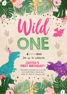 Birthday Invitation Dinosaur Wild One Girl design preview