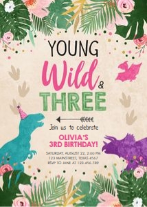 Birthday Invitation Dinosaur Wild Three Girl design preview