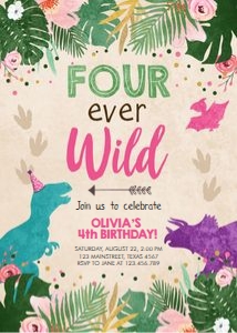 Birthday Invitation Dinosaur Fourever Wild Girl design preview