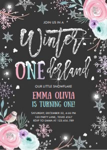 Birthday Invitation Winter Onederland Floral Black design preview