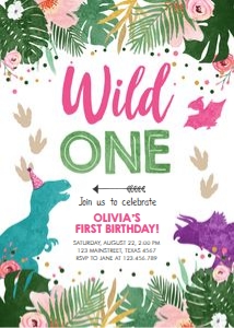 Birthday Invitation Colored Dinosaur Wild One Girl design preview