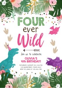 Birthday Invitation Colored Dinosaur Four Ever Wild Girl design preview