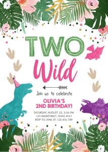 Birthday Invitation Colored Dinosaur Two Wild Girl design preview