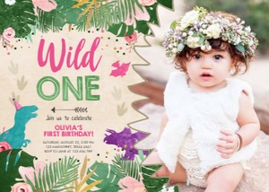 Birthday Invitation Colored Dinosaur Girl Wild One Photo design preview