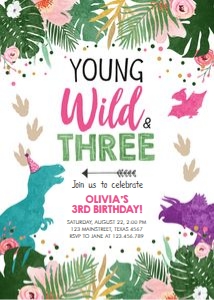 Birthday Invitation Colored Dinosaur Young Wild and Three Girl design preview