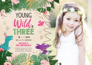 Birthday Invitation Colored Dinosaur Girl Wild and Three 2 Photo design preview