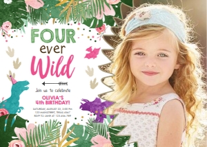 Birthday Invitation Colored Dinosaur Girl Forever Wild White Photo design preview