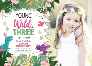 Birthday Invitation Colored Dinosaur Girl Wild and Three Photo design preview