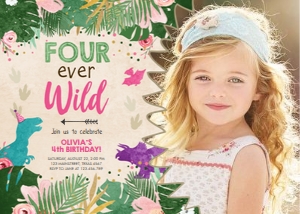 Birthday Invitation Colored Dinosaur Girl Forever Wild Photo design preview