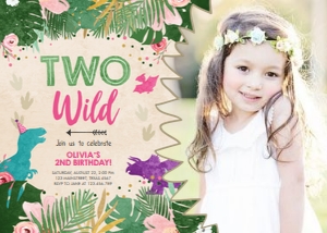 Birthday Invitation Colored Dinosaur Girl Two Wild 2 Photo design preview