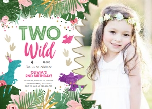 Birthday Invitation Colored Dinosaur Girl Two Wild Photo design preview