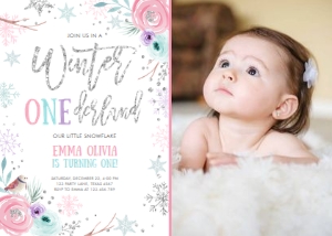 Birthday Invitation Floral Winter Onederland Photo design preview