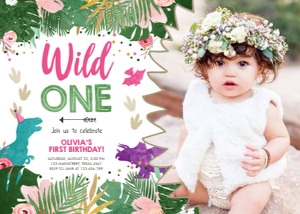 Birthday Invitation Colored Dinosaur Girl Wild One White Photo design preview