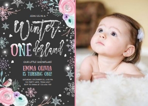 Birthday Invitation Floral Winter Onederland Chalk Lights Photo design preview