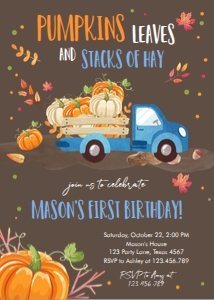 Birthday Invitation Pumpkin Truck Blue Brown design preview