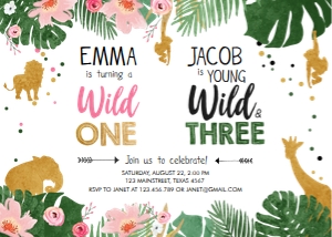 Birthday Invitation Safari Animals Jungle Wild One Young Wild and Three Boy Girl design preview