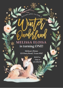 Birthday Invitation Winter Onederland Deer Black design preview