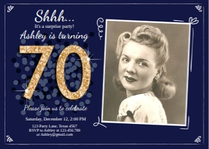 Birthday Invitation Adult Navy Gold Glitter 70 Photo design preview