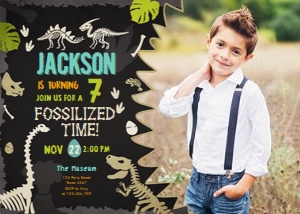 Birthday Invitation Dinosaur Fossil Dark - With Photo design preview
