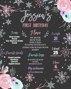 Milestones Poster Winter Onederland Floral Black design preview