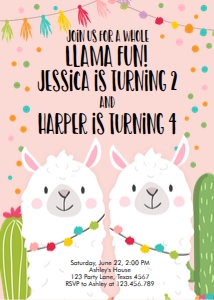 Birthday Invitation Llama Twins v2 design preview