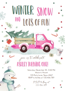 Birthday Invitation Winter Truck Pink design preview