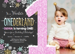 Birthday Invitation Winter Onederland Pink Mint Gold One design preview