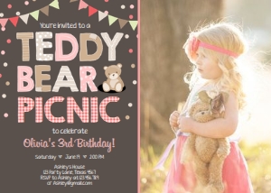 Birthday Invitation Teddy Bear Picnic Pink Brown Photo design preview