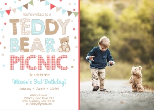 Birthday Invitation Teddy Bear Picnic Blue White Photo design preview