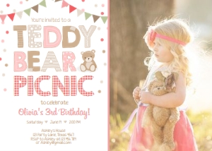 Birthday Invitation Teddy Bear Picnic Pink White Photo design preview