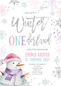 Birthday Invitation Winter Onederland Snowman White design preview