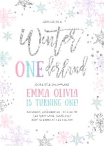 Birthday Invitation Winter Onederland Snowflakes Silver White design preview