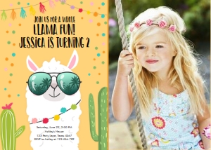 Birthday Invitation Llama Sunglasses Yellow Photo design preview