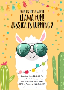 Birthday Invitation Llama Sunglasses Yellow design preview