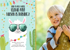 Birthday Invitation Llama Sunglasses Blue Photo design preview
