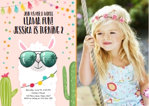 Birthday Invitation Llama Sunglasses Pink Photo design preview
