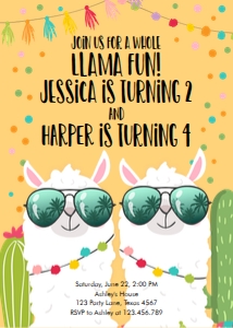 Birthday Invitation Llama Twins Yellow design preview