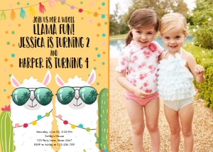 Birthday Invitation Llama Twins Yellow Photo design preview