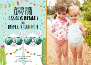 Birthday Invitation Llama Twins Blue Photo design preview